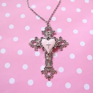 y2k silver cross necklace pink heart pendant